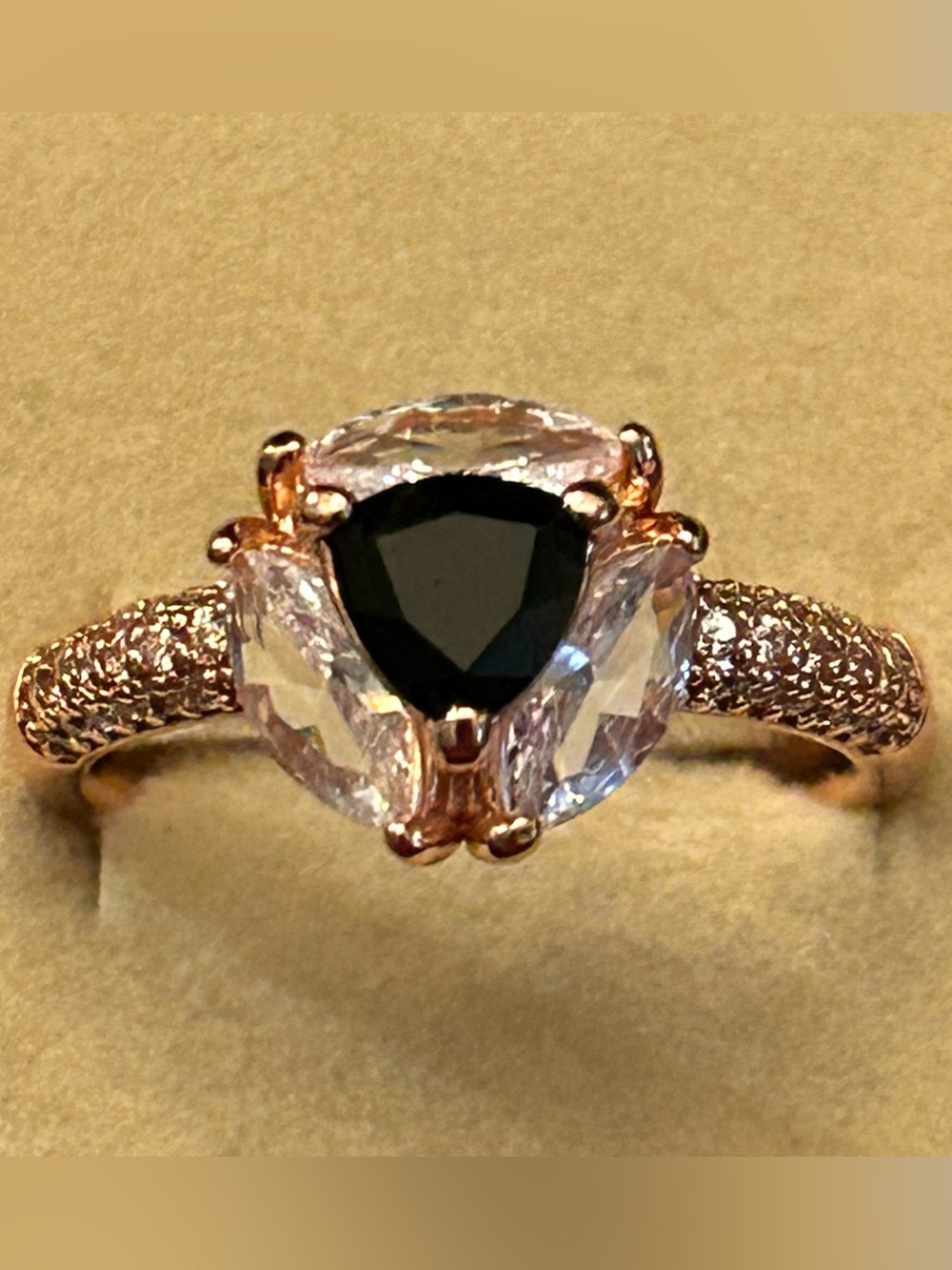 BP Rose Gold Tone Ring w/Black Onyx Trillion Center Stone & Marquis Morganites